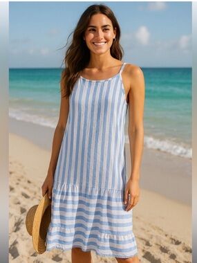 Lungo LArno Linen Striped Blue and White Beach Dress size medium